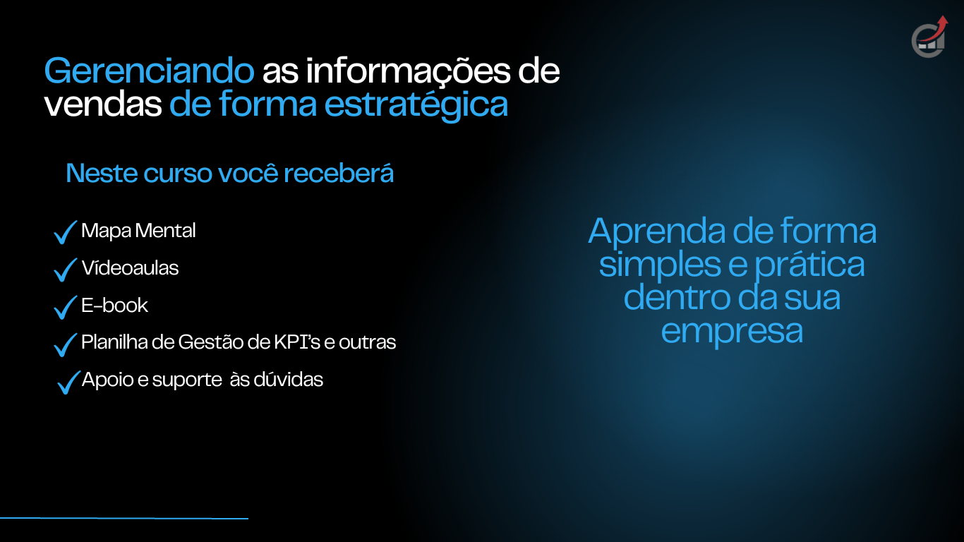Mapa Mental Vídeoaulas E-book Planilha de Gestão de KPI’s e outras Apoio e suporte às dúvidas Aprenda tudo sobre vendas, time de vendas, estruturação de time, gerenciamento de dados e informações estratégicas.